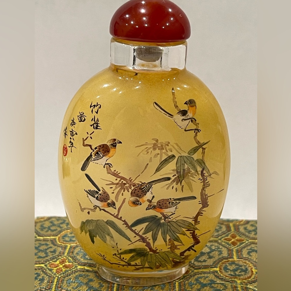 Vintage CHINA Snuff Bottle Inside Reverse Painted Sparrows In Trees Art Handmade
